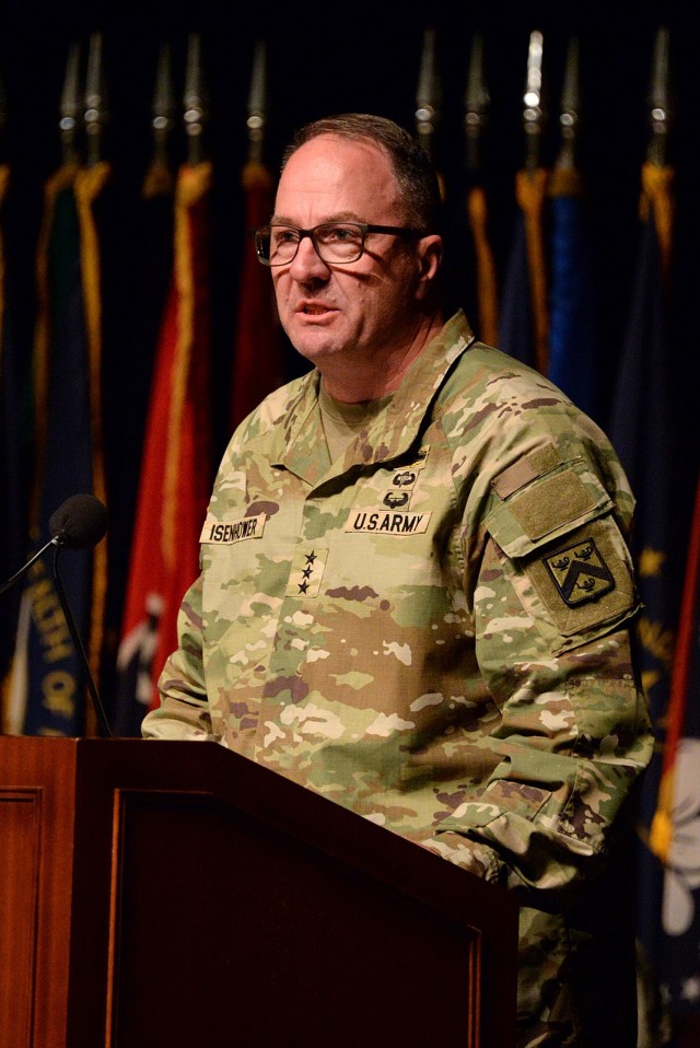 Combined Arms Command Commanding General Lt. Gen. James P. Isenhower III delivers remarks during his assumption of command ceremony Nov. 18, 2025, at the Lewis and Clark Center at Fort Leavenworth, Kansas. Photo by Prudence Siebert/Fort...