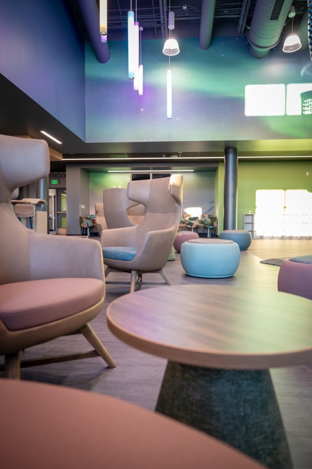 Seating areas are waiting to be filled inside the new Indoor Playground area of the Aurora Community Activity Center.