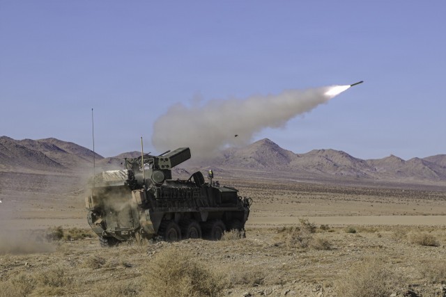 A Stryker crew from Able Battery, 4th Battalion, 60th Air Defense Artillery Regiment, “Vanguard,” 1st Armored Division, tracks an Outlaw drone with an FM-92 Stinger missile during a live-fire exercise during National Training Center Rotation...