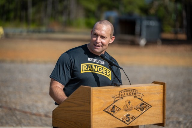 The Airborne and Ranger Training Brigade Commander, Col. Stewart C. Lindsay, delivers a speech to honor the 75th anniversary, Nov. 24, 2025, on Camp Rogers at Fort Benning, Georgia. (U.S. Army photo by Patrick A. Albright)