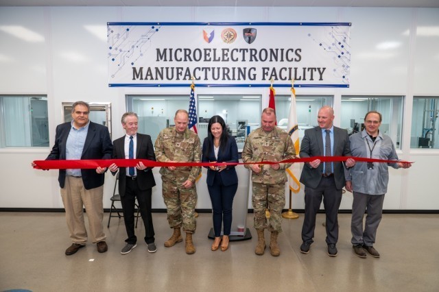 Representatives from the CECOM Tobyhanna Army Depot workforce and Army leadership help cut the ribbon to officially open. CECOM TYAD’s microelectronics manufacturing facility on June 5, 2025. (From left) Anthony Shebelock, and Martin Nealon,...