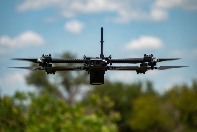 1st Cavalry Division Troopers assigned to 8th Brigade Engineer Battalion, 2nd Armored Brigade Combat Team, train with a drone during Pegasus Forge, on Fort Hood, Texas, Aug. 6, 2025. Pegasus Forge allows the First Team to utilize new technology...