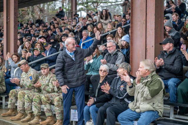 Medal of Honor Recipient Robert Martin Patterson waves to the family and friends of Ranger Class 01-26 gathered at Victory Pond on Fort Benning, Ga., Dec. 5, 2025 to celebrate the class’s graduation.