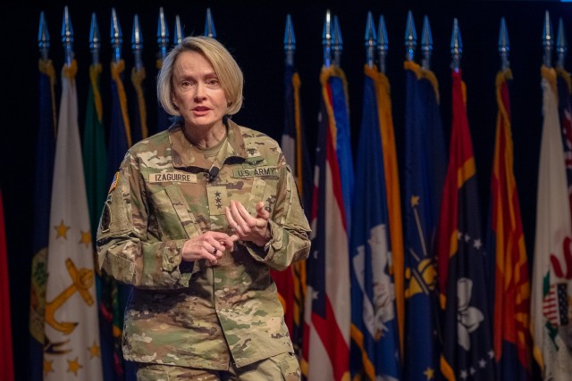 Army Surgeon General, Lt. Gen. Mary Izaguirre, talks to students attending the Brigade and Battalion Pre-Command Course / Command Sergeants Major Course about the Army medical community and its connection to H2F. The H2F system was the focus of a full day of training on April 23, 2024, as more than 15 experts from the five H2F readiness domains were on-hand to train, educate and promote the program to these future leaders. 