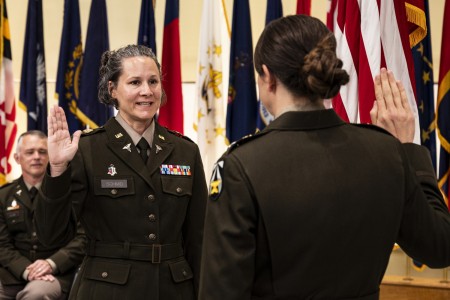 U.S. Army Col. Kara Schmid, left, administers the military oath of office to Lt. Col. Andrea Mountney, Fort Detrick, Md., Nov. 1, 2024. Schmid is director of the Center for Military Psychiatry and Neuroscience, Walter Reed Army Institute of...