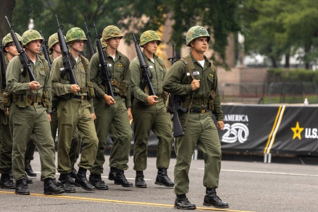 U.S. Soldiers dressed in Vietnam-era uniforms march in formation during the Army’s 250th birthday parade in Washington, D.C., June 14, 2025. The commemorative formation honored the service and sacrifice of Soldiers who served during the Vietnam...