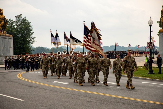 U.S. Army Soldiers prepare to march in the 250th Army Birthday Parade, June 14, 2025, in Washington D.C. Marking a milestone in American military history, the parade highlighted the contributions of Soldiers past and present across 250 years of...