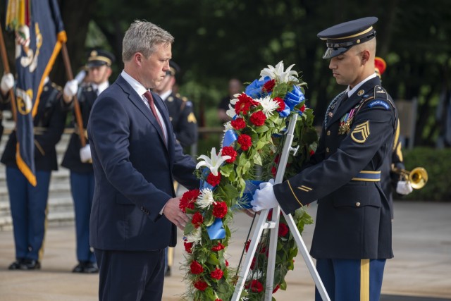 Secretary of the Army Daniel P. Driscoll lays a wreath as part of an Army Full Honors Wreath Laying Ceremony at the Tomb of the Unknown Soldier in honor of the Army’s 250th birthday in Arlington National Cemetery, Arlington Va., June 14, 2025....