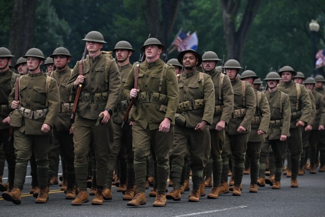 U.S Army Soldiers representing the WWI era from the 82d Airborne Division based out of Fort Bragg, North Carolina, participate in the 250th Army Birthday Parade in Washington, D.C., June 14, 2025.