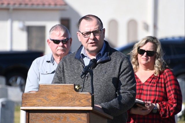 U.S. Army Yuma Proving Ground Commander Col. John Nelson speaks at the annual Wreaths Across America ceremony at Yuma's Sunset Vista Cemetery on December 13, 2025.