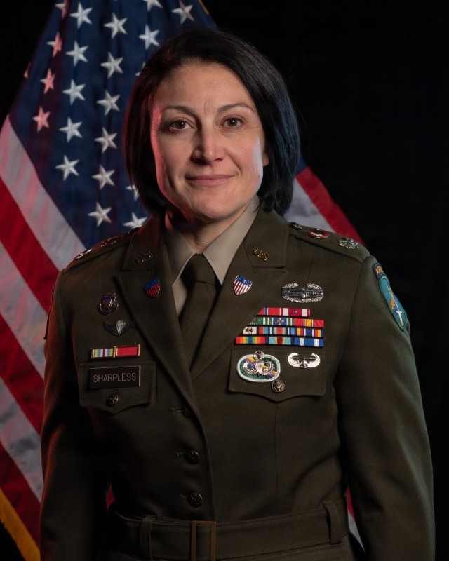 Lt. Col. Lauren Sharpless, 42, poses for her official photo as the Director of Training at U.S. Army Reserve Command headquarters in Fort Bragg, NC.