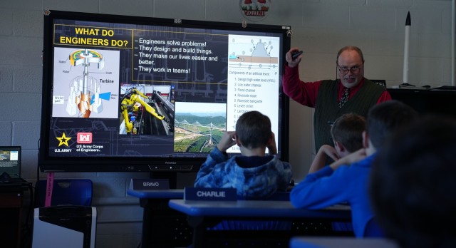 WILMINGTON, N.C. (Dec. 10, 2024) — Ray Mullins, P.E., chief of the Asset Management Branch, Wilmington District, U.S. Army Corps of Engineers, answers questions from fifth-grade students while discussing real-world engineering projects during a...