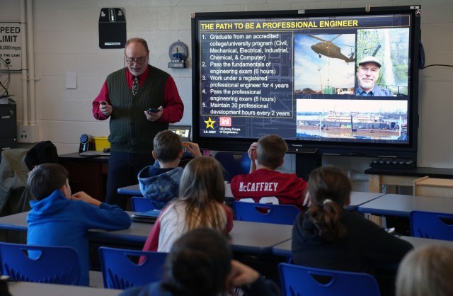 WILMINGTON, N.C. (Dec. 10, 2024) — Ray Mullins, P.E., chief of the Asset Management Branch, Wilmington District, U.S. Army Corps of Engineers, explains the engineering design process to fifth-grade students during a Department of Defense...