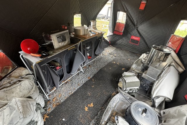 The new Expeditionary Field Feeding Equipment System sits on display at the Army Combat Capabilities Development Command Soldier Center in Natick, Mass., where it was developed. The EFFES is a lightweight, collapsible kitchen in a box that has a...