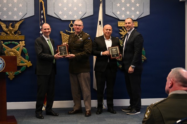 Representatives of Fort Hood and the Hill Country Transit District receive the Army Community Partnership Award during a ceremony at the Pentagon, Arlington, Virginia, Dec. 9, 2025. The annual ceremony showcases how Army installations and local...
