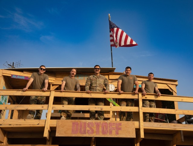 U.S. Army Soldiers assigned to Charlie Medical Company “DUSTOFF” 2nd General Support Aviation Battalion, 4th Aviation Regiment, Task Force Nighthawk pose for a photo on their constructed deck at Northern Landing Zone, Syria on Nov. 7, 2025....