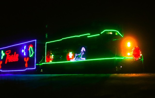 The 2025 Canadian Pacific Holiday Train rolls through Fort McCoy, Wis., on Dec. 11, 2025, on its way from Tomah to Sparta, Wis. The 2025 CPKC Holiday Train toured Canada and the U.S. Nov. 19 through Dec. 21, 2025, raising money, food and awareness...