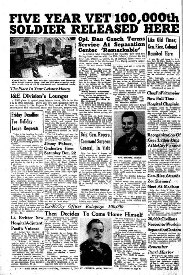 This is a news clip from the Dec. 7, 1945, edition of The Real McCoy newspaper at Fort McCoy, Wis. Throughout its history, beginning in 1909, Fort McCoy, and as Camp McCoy before that, has been a home for all types of Total Force training for all...
