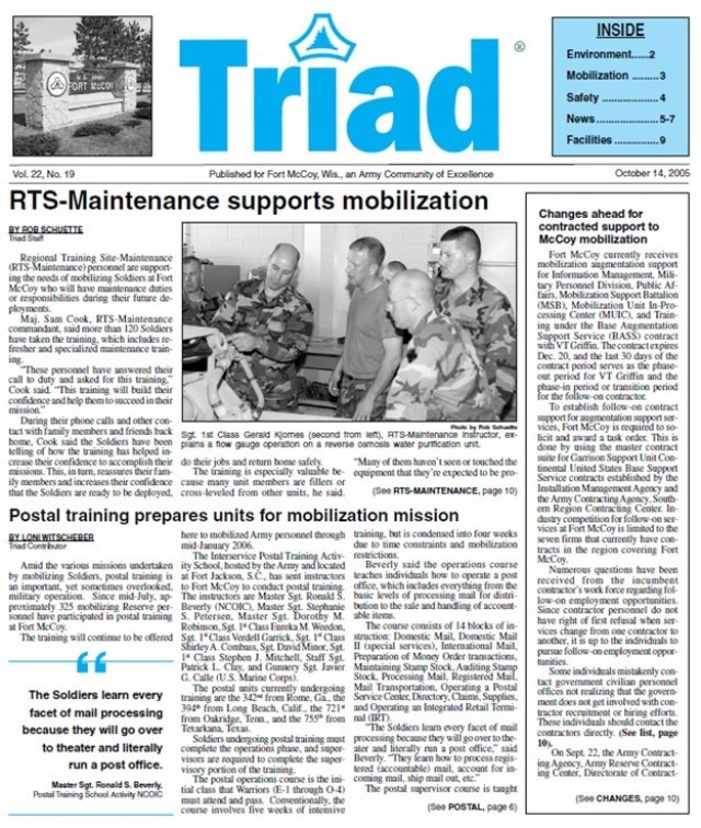 This is a news clip from the Oct. 14, 2005, edition of The Triad newspaper at Fort McCoy, Wis. Throughout its history, beginning in 1909, Fort McCoy, and as Camp McCoy before that, has been a home for all types of Total Force training for all the...