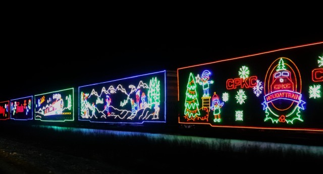 The 2025 Canadian Pacific Holiday Train rolls through Fort McCoy, Wis., on Dec. 11, 2025, on its way from Tomah to Sparta, Wis. The 2025 CPKC Holiday Train toured Canada and the U.S. Nov. 19 through Dec. 21, 2025, raising money, food and awareness...