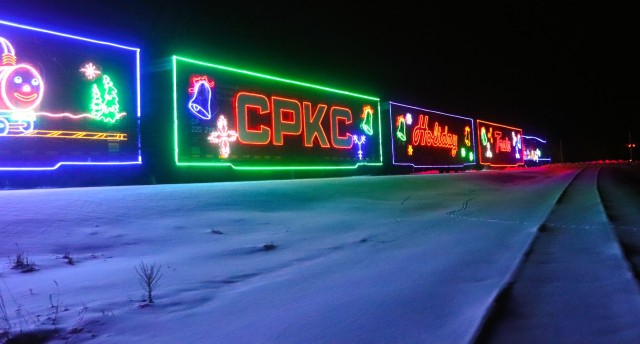 The 2025 Canadian Pacific Holiday Train rolls through Fort McCoy, Wis., on Dec. 11, 2025, on its way from Tomah to Sparta, Wis. The 2025 CPKC Holiday Train toured Canada and the U.S. Nov. 19 through Dec. 21, 2025, raising money, food and awareness...