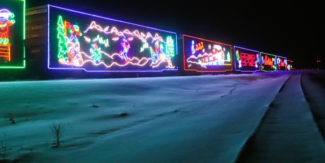 The 2025 Canadian Pacific Holiday Train rolls through Fort McCoy, Wis., on Dec. 11, 2025, on its way from Tomah to Sparta, Wis. The 2025 CPKC Holiday Train toured Canada and the U.S. Nov. 19 through Dec. 21, 2025, raising money, food and awareness...