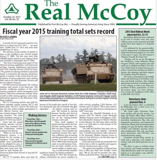 This is a news clip from the Oct. 23, 2015, edition of The Triad newspaper at Fort McCoy, Wis. Throughout its history, beginning in 1909, Fort McCoy, and as Camp McCoy before that, has been a home for all types of Total Force training for all the...