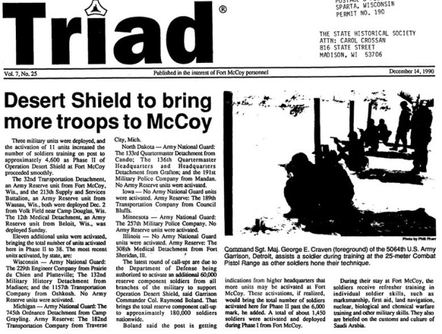 This is a news clip from the Dec. 14, 1990, edition of The Triad newspaper at Fort McCoy, Wis. Throughout its history, beginning in 1909, Fort McCoy, and as Camp McCoy before that, has been a home for all types of Total Force training for all the...