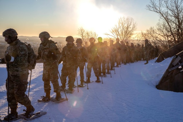 U.S. Army Soldiers assigned to the 88th Readiness Division, hike the Whitetail Ridge Ski Hill during snowshoe training at Fort McCoy, Wis. on Jan. 25, 2025. Training like this ensures that Soldiers can operate effectively in harsh environments,...