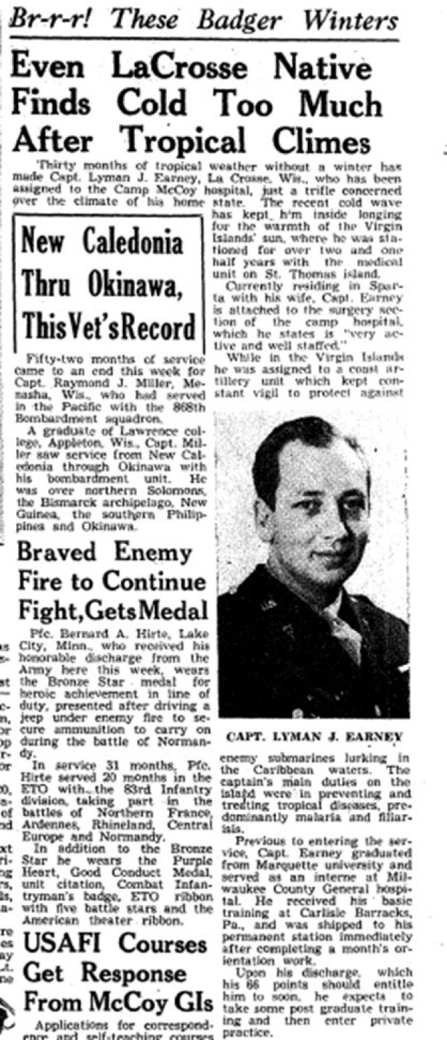 This is a news clip from the Dec. 14, 1945, edition of The Real McCoy newspaper at Fort McCoy, Wis. Throughout its history, beginning in 1909, Fort McCoy, and as Camp McCoy before that, has been a home for all types of Total Force training for all...