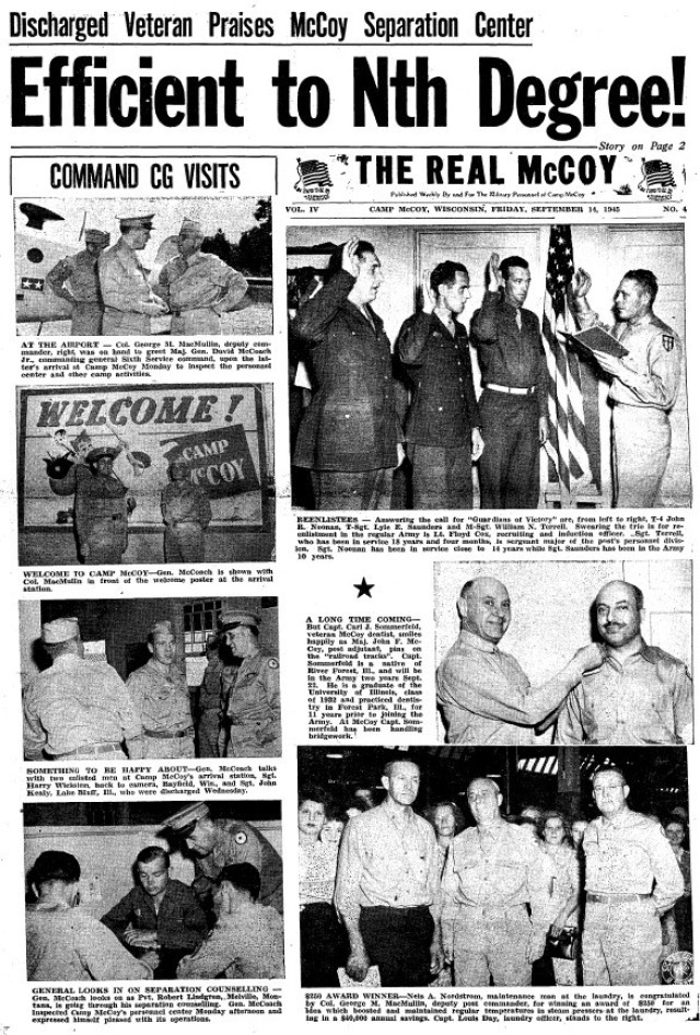 This is a news clip from the Sept. 14, 1945, edition of The Real McCoy newspaper at Fort McCoy, Wis. Throughout its history, beginning in 1909, Fort McCoy, and as Camp McCoy before that, has been a home for all types of Total Force training for...