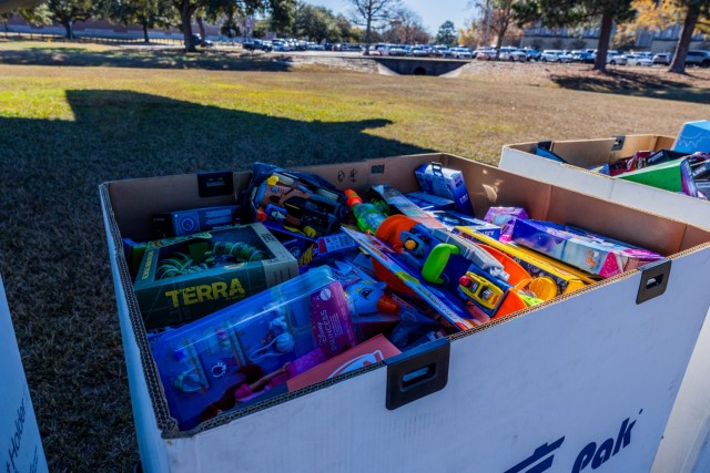 Kicker boxes filled with toys sit ready for delivery at Fort Benning, Georgia, Dec. 15, 2025. Soldiers from the 1st Battalion, 507th Parachute Infantry Regiment and partner nation troops donated the items during Operation Toy Drop to support local...