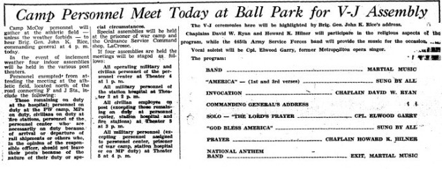 This is a news clip from the Aug. 14, 1945, edition of The Real McCoy newspaper at Fort McCoy, Wis. Throughout its history, beginning in 1909, Fort McCoy, and as Camp McCoy before that, has been a home for all types of Total Force training for all...