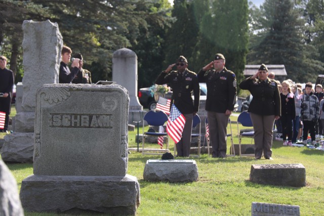 U.S. Army leaders from Fort McCoy, Wis., as well as community members and leaders participate in the Maj. Gen. Robert Bruce McCoy Remembrance Ceremony on Sept. 5, 2025, in Sparta, Wis. The event was held at Woodlawn Cemetery in Sparta with McCoy...