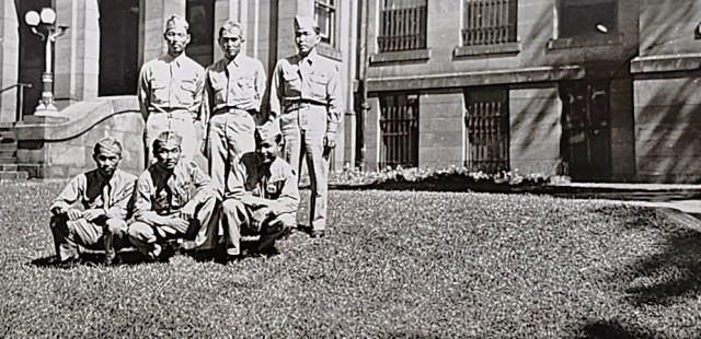Japanese-American Soldiers pose for a group photo in front of a courthouse in La Crosse, Wis. in 1944. The Soldiers were connected to then Camp McCoy, Wis. The 133rd Infantry Regiment of the 34th Division had Nisei Soldiers from the 100th Infantry...