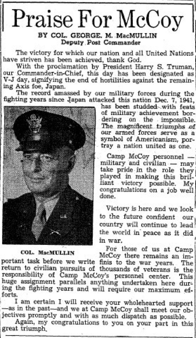 This is a news clip from the Aug. 14, 1945, edition of The Real McCoy newspaper at Fort McCoy, Wis. Throughout its history, beginning in 1909, Fort McCoy, and as Camp McCoy before that, has been a home for all types of Total Force training for all...