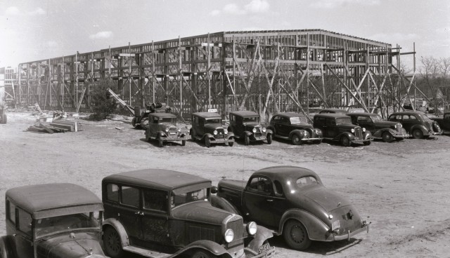 Construction of the cantonment area is shown in 1942 at Camp McCoy, Wis. More than 1,400 buildings were constructed in less than nine months in 1942 at Camp McCoy. (U.S. Army Historical Photo)