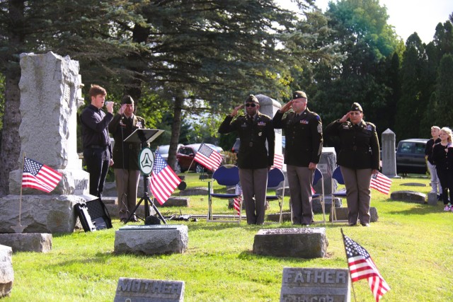 U.S. Army leaders from Fort McCoy, Wis., as well as community members and leaders participate in the Maj. Gen. Robert Bruce McCoy Remembrance Ceremony on Sept. 5, 2025, in Sparta, Wis. The event was held at Woodlawn Cemetery in Sparta with McCoy...