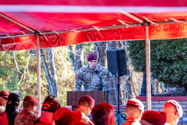 Command Sgt. Maj. Brice Jackson delivers remarks during Change of Responsibility ceremony