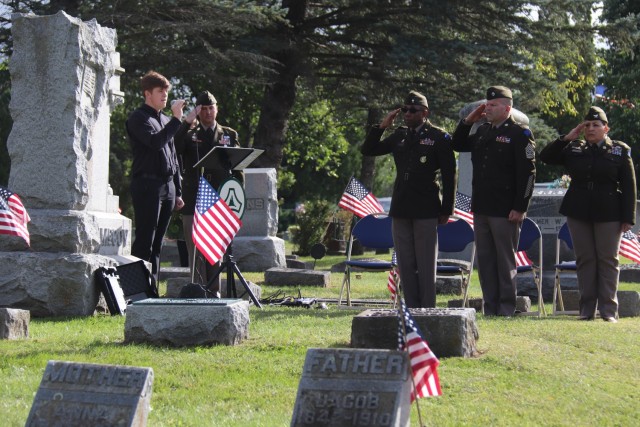 U.S. Army leaders from Fort McCoy, Wis., as well as community members and leaders participate in the Maj. Gen. Robert Bruce McCoy Remembrance Ceremony on Sept. 5, 2025, in Sparta, Wis. The event was held at Woodlawn Cemetery in Sparta with McCoy...