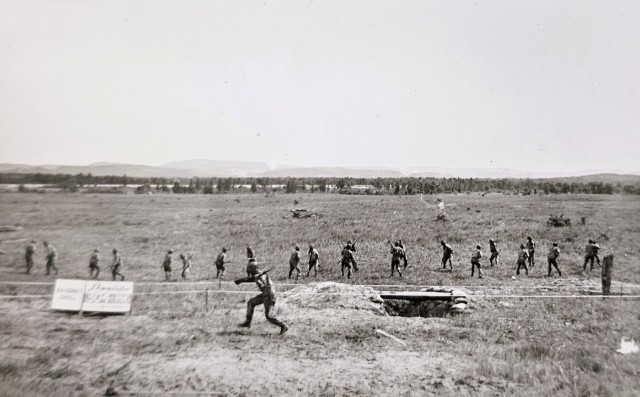 Soldiers with the 304th Infantry complete a bayonet drill demonstration for the public at Camp McCoy, Wis., in 1944. It's among a set of donated photos that were donated to the Fort McCoy History Center that are a series of training...