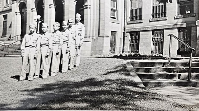 Japanese-American Soldiers pose for a group photo in front of a courthouse in La Crosse, Wis. in 1944. The Soldiers were connected to then Camp McCoy, Wis. The 133rd Infantry Regiment of the 34th Division had Nisei Soldiers from the 100th Infantry...