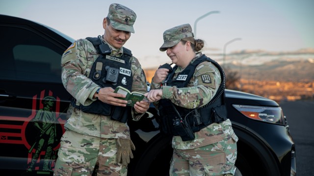 New Mexico National Guard, Spc. Joshua Gomez, an Infantryman assigned to 1-200th Alpha Company and Pfc. Tanya Quintana, transportation specialist assigned to 1115th Transportation Company, called dispatch in Espanola, NM, on December 6, 2025....