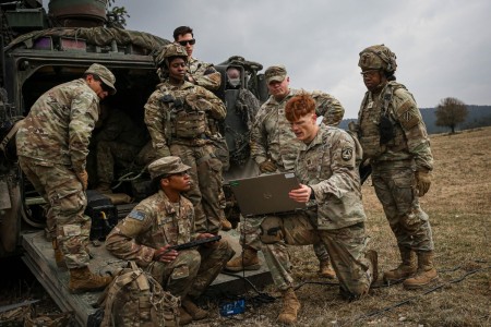 U.S. Army Soldiers, assigned to the 6th Squadron, 8th Cavalry Regiment, and the Artificial Intelligence Integration Center, conduct drone test flights and software troubleshooting during Allied Spirit 24 at the Hohenfels Training Area, Joint...