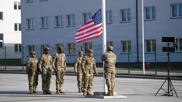 The US Flag is raised above the Glebokie Complex near Drawsko Pomorskie, Poland, April 10, 2025. Glebokie is U.S. Army Garrison Poland's 12th site across Western Poland. U.S. Army Garrison Poland is headquartered in Poznań and provides base...