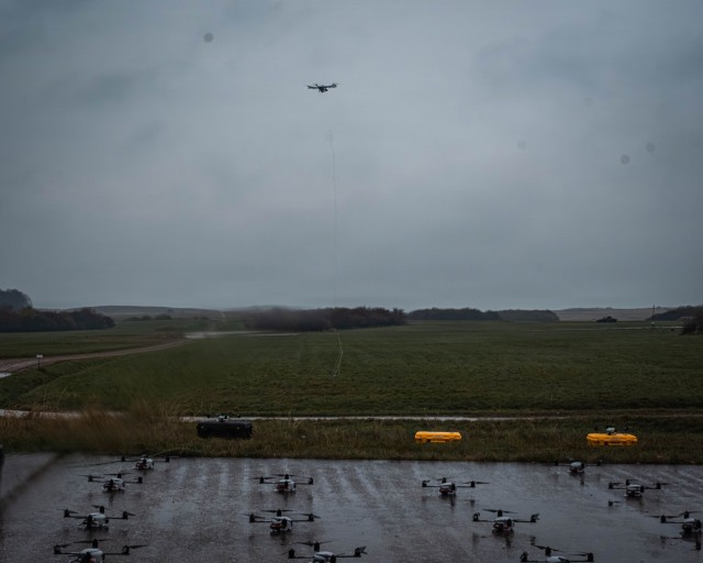 A Counter-Unmanned Aircraft System Drone Interceptor captures a drone during Project 4.5 Nov. 19, 2025, at the Trubbenubungsplatz Putlos, Germany. U.S. Soldiers assigned to 10th Army Air and Missile Defense Command test new, lower-cost, portable...