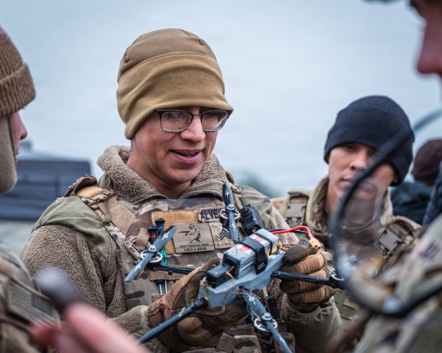 U.S. Army Sgt. Damian Alvear, 5th Battalion, 4th Air Defense Artillery Regiment air and missile defense crew member, successfully engages drone with Counter-Unmanned Aircraft System during Project 4.5 Nov. 19, 2025, at the Trubbenubungsplatz...