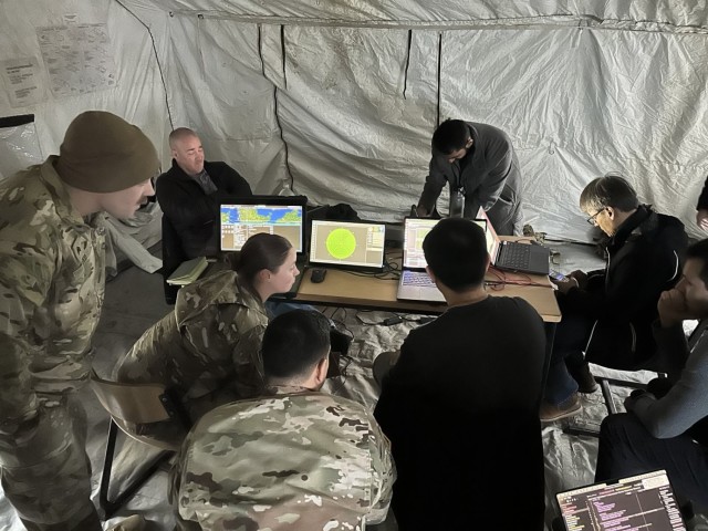 A team conducts an integration test during Project Flytrap 4.5 focused on the Forward Area Air Defense Command and Control system and Integrated Sensor Architecture.