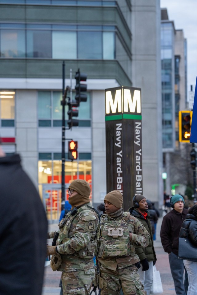 Soldiers assigned to the South Carolina National Guard stand watch in support of the D.C. safe and beautiful mission near the Navy Yard in Washington, Jan. 16, 2026. Through presence patrols and close coordination with law enforcement partners,...