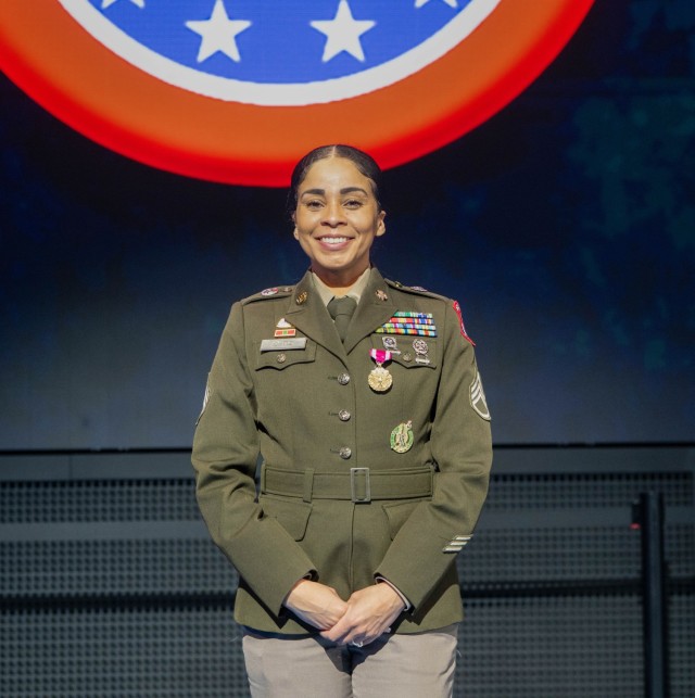 Staff Sgt. Victoria Ortiz poses for a photo as part of ceremonies honoring the Army's top recruiters for fiscal year 2025.